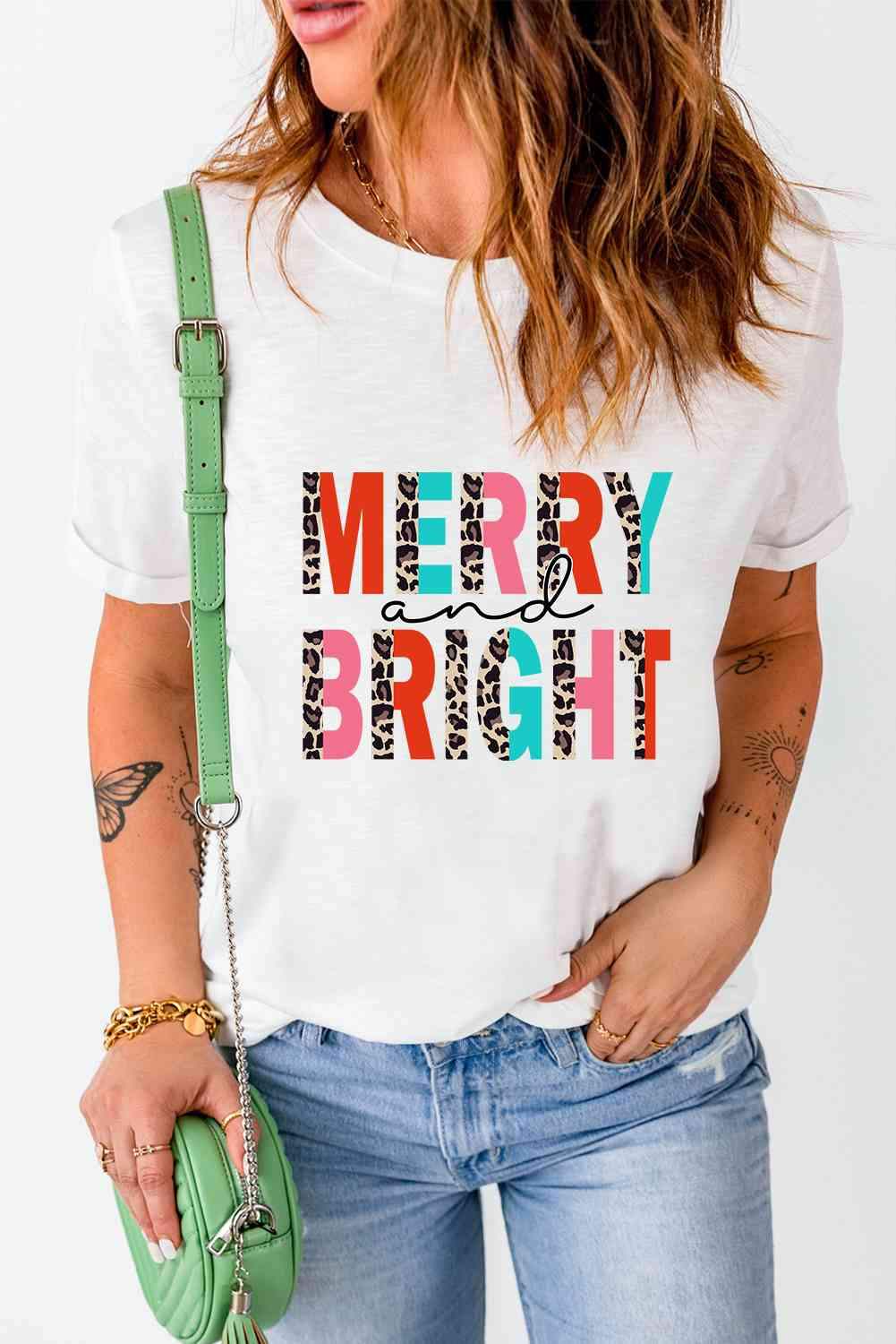 MERRY AND BRIGHT Graphic T-Shirt Women's T-Shirts - Tophatter Daily Deals