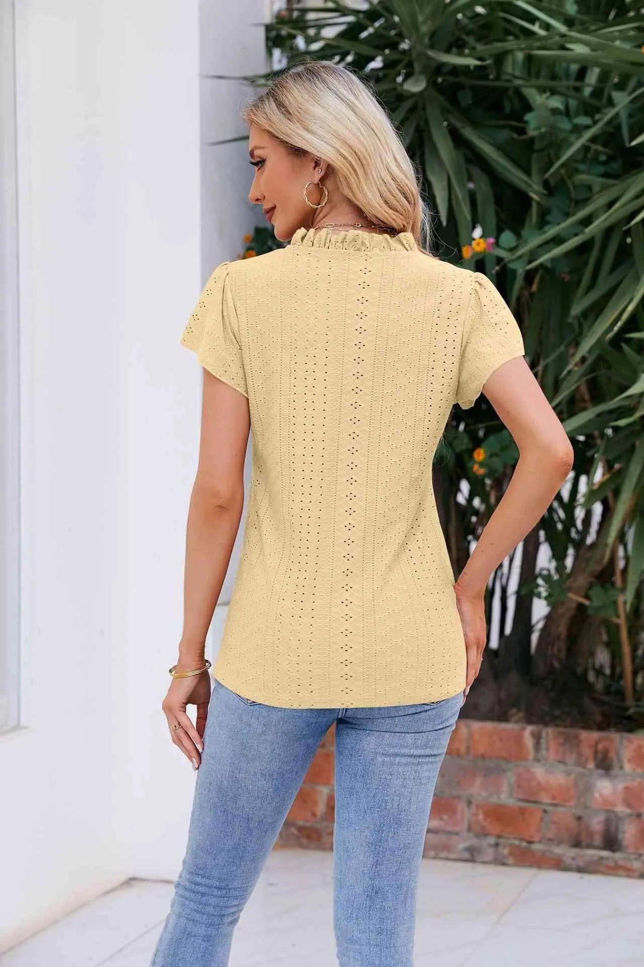 Notched Neck Puff Sleeve Blouse Blouses - Tophatter Daily Deals
