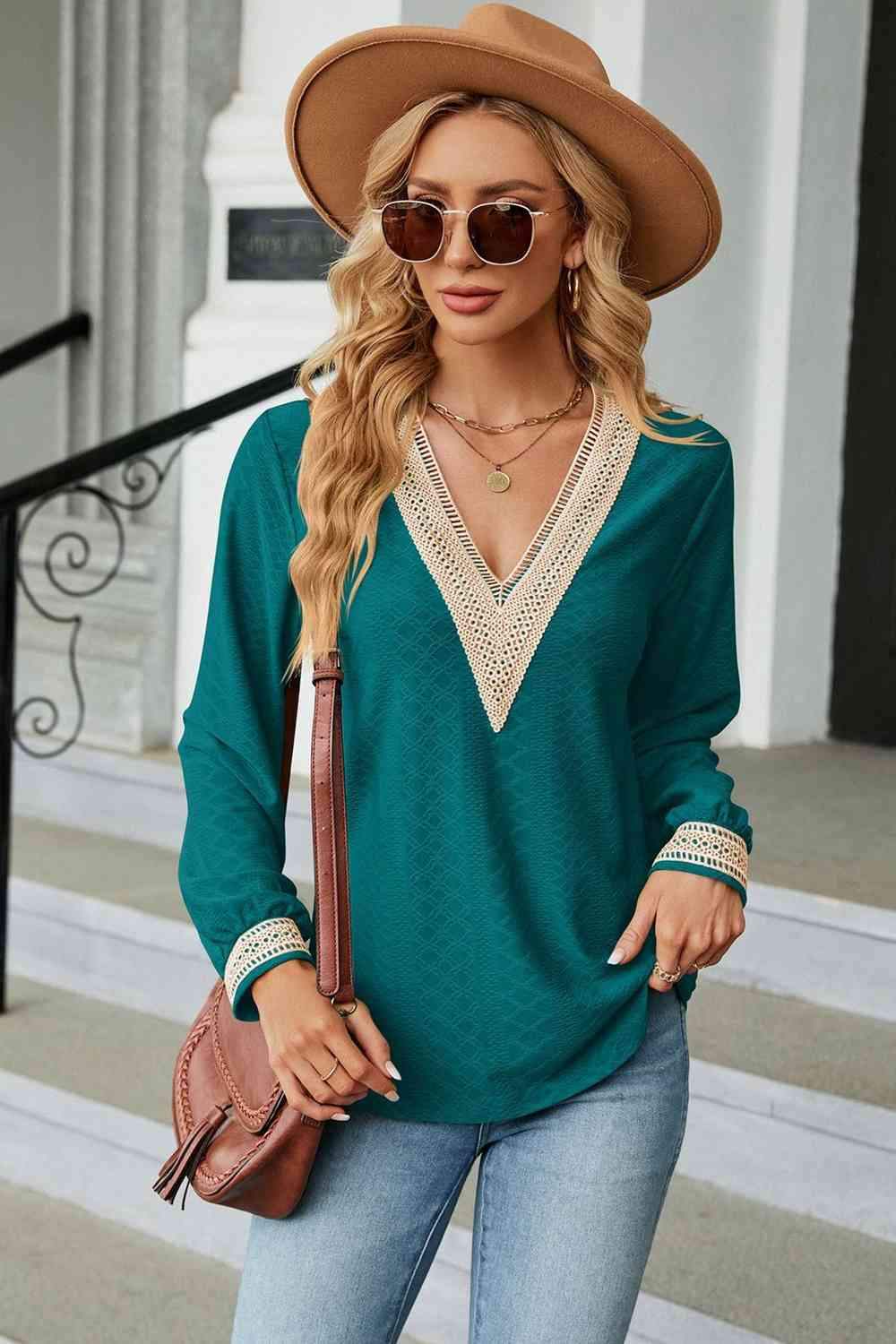 V-Neck Long Sleeve Blouse Deep Teal Blouses - Tophatter Daily Deals