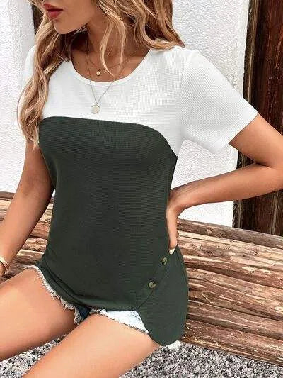 Waffle-Knit Decorative Button Round Neck T-Shirt Women's T-Shirts - Tophatter Daily Deals