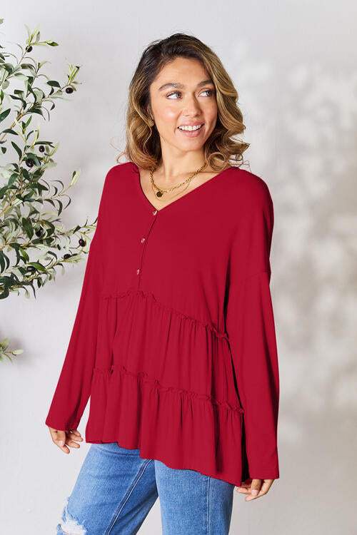 Double Take Half Button Long Sleeve Ruffle Hem Blouse Wine Blouses - Tophatter Daily Deals