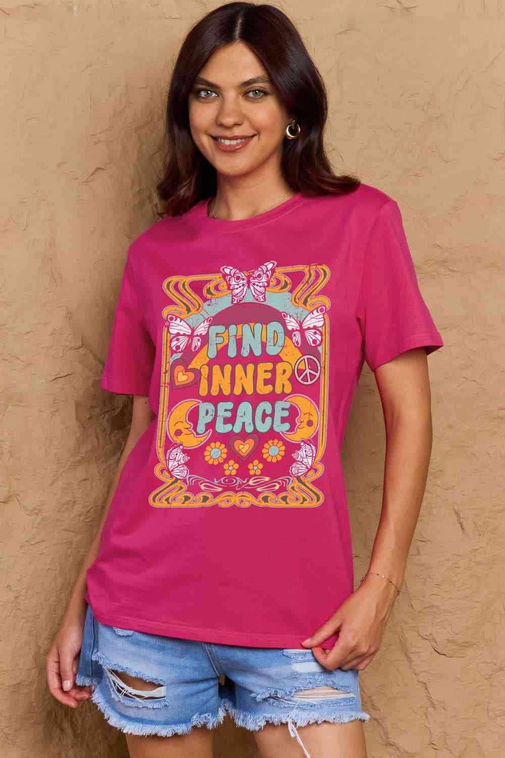 Simply Love Full Size FIND INNER PEACE Graphic Cotton T-Shirt Deep Rose Women's T-Shirts - Tophatter Daily Deals