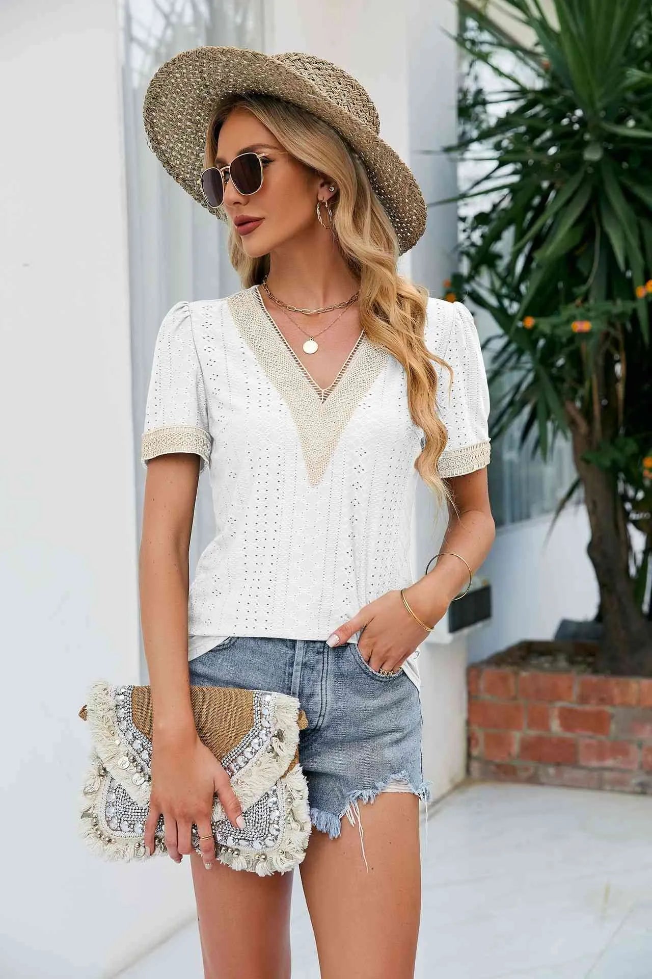 Contrast V-Neck Puff Sleeve Top Blouses - Tophatter Daily Deals