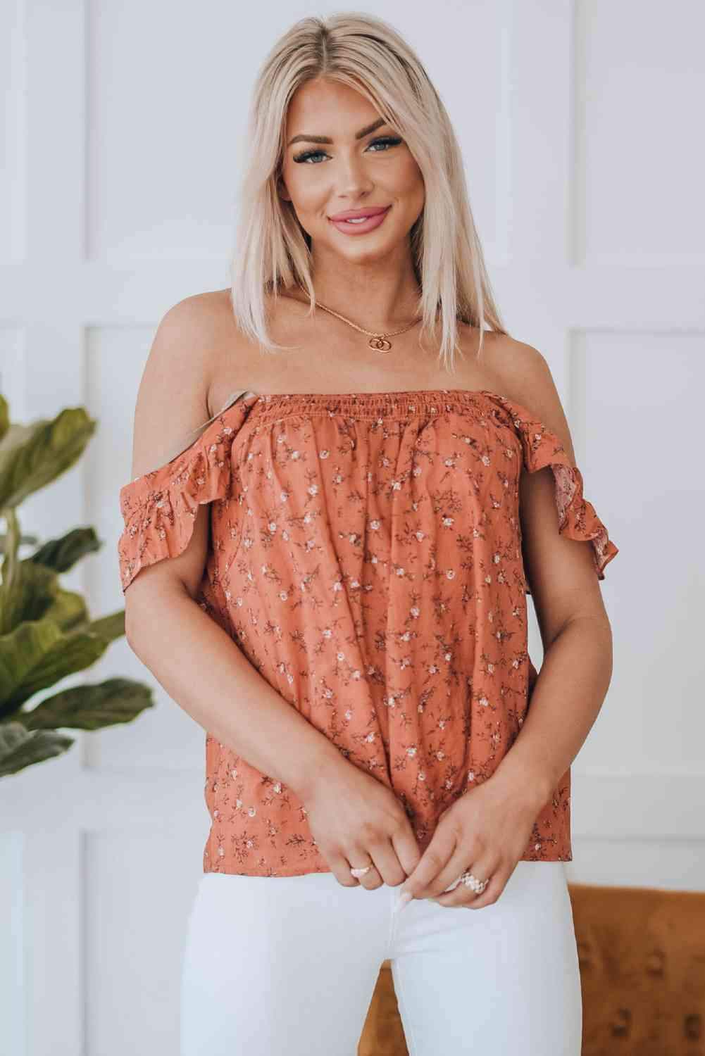 Floral Smocked Square Neck Top Blouses - Tophatter Daily Deals