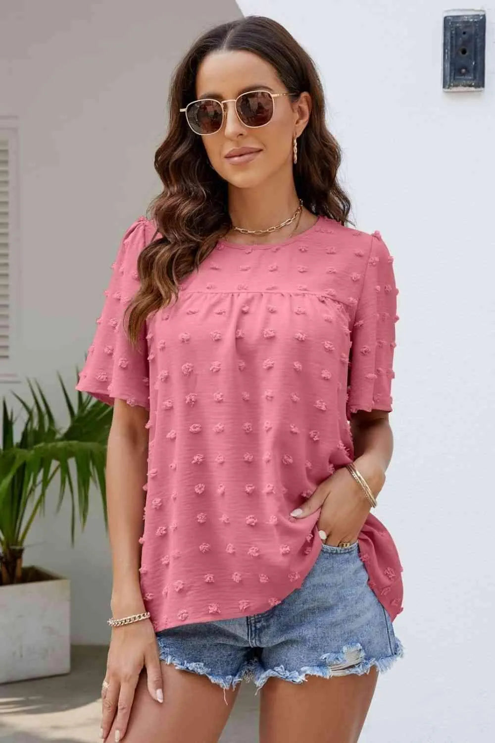 Swiss Dot Puff Sleeve Round Neck Blouse Burnt Coral Blouses - Tophatter Daily Deals