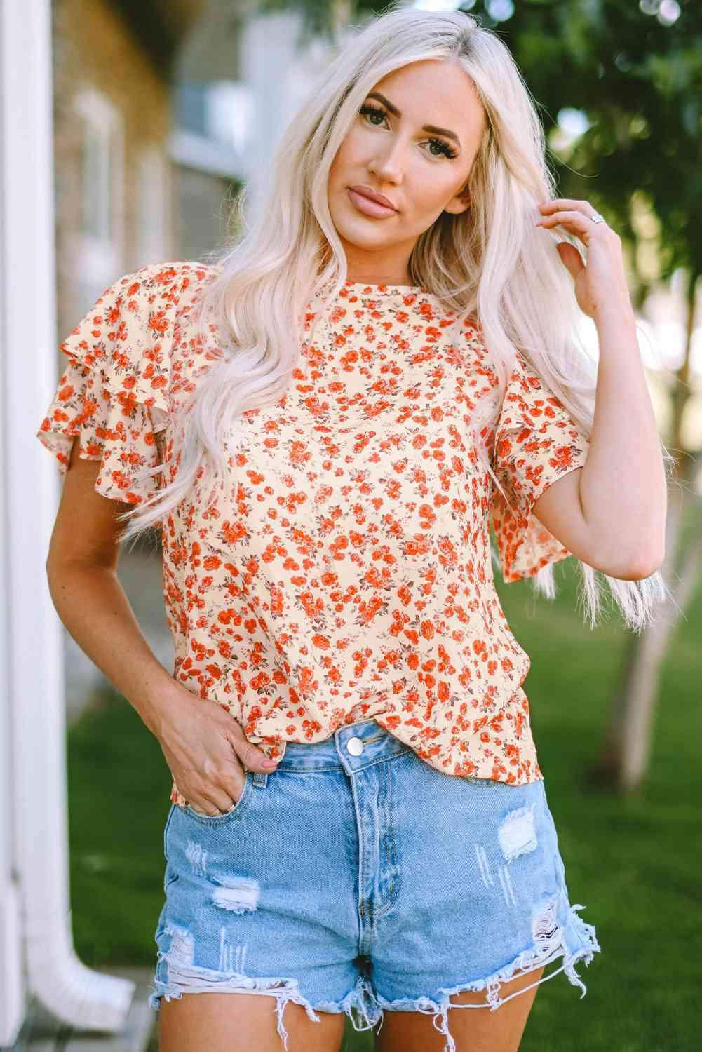 Floral Round Neck Flutter Sleeve Blouse Blouses - Tophatter Daily Deals