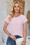 Eyelet Round Neck Rolled Short Sleeve T-Shirt Blush Pink Women's T-Shirts - Tophatter Daily Deals