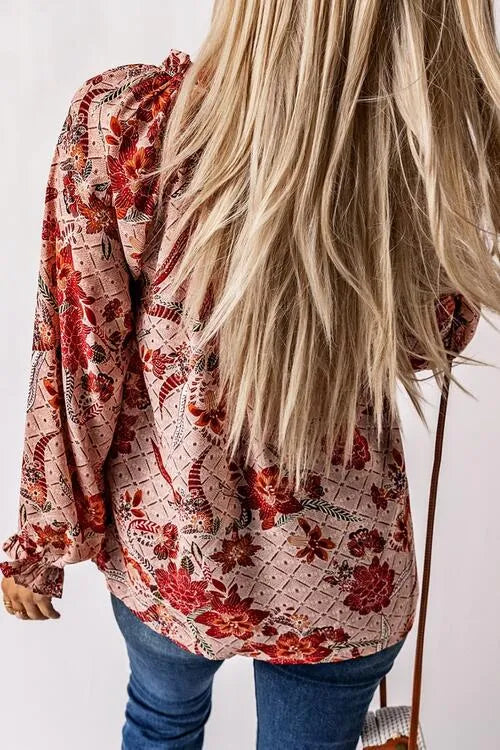 Floral Tie Neck Flounce Sleeve Blouse Blouses - Tophatter Daily Deals