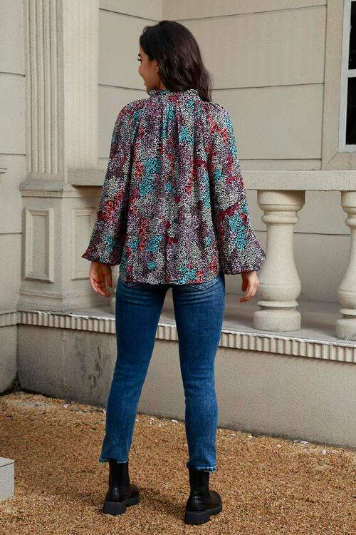 Tie Neck Heathered Balloon Sleeve Blouse Blouses - Tophatter Daily Deals