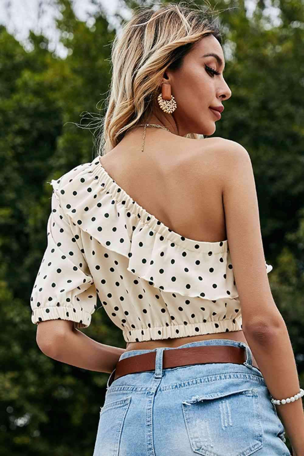 Polka Dot One-Shoulder Ruffled Crop Top Blouses - Tophatter Daily Deals