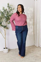 Culture Code Full Size Waffle-Knit Round Neck Long Sleeve Blouse Blouses - Tophatter Daily Deals