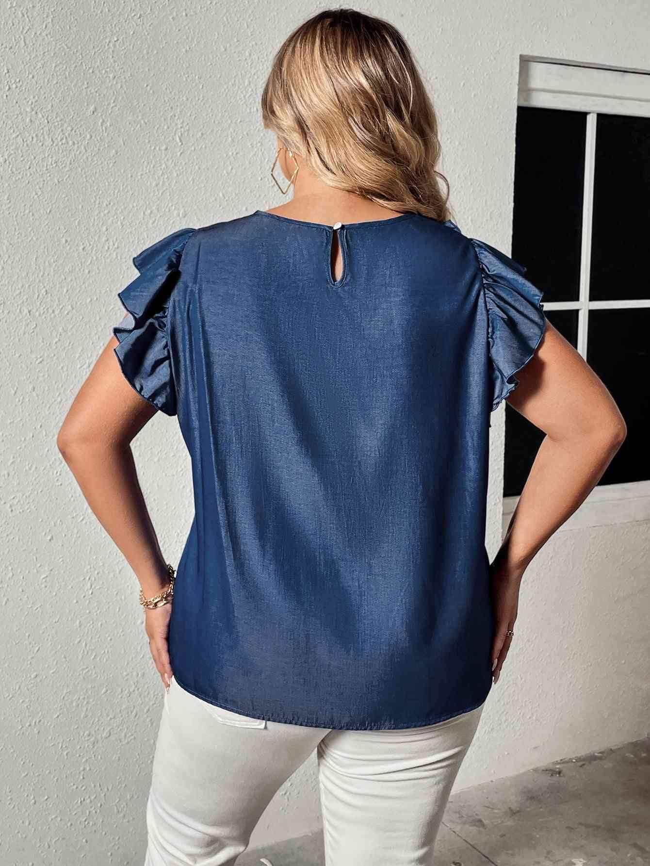 Plus Size Round Neck Flounce Sleeve Frill Trim Blouse Blouses - Tophatter Daily Deals