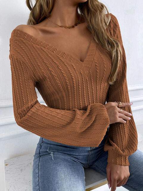 Ribbed V-Neck Lantern Sleeve Top Blouses - Tophatter Daily Deals