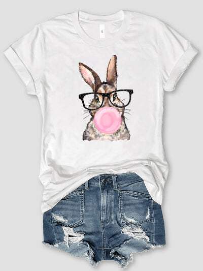 Rabbit Round Neck Short Sleeve T-Shirt White Women's T-Shirts - Tophatter Daily Deals