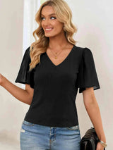 V-Neck Flutter Sleeve Top Blouses - Tophatter Daily Deals