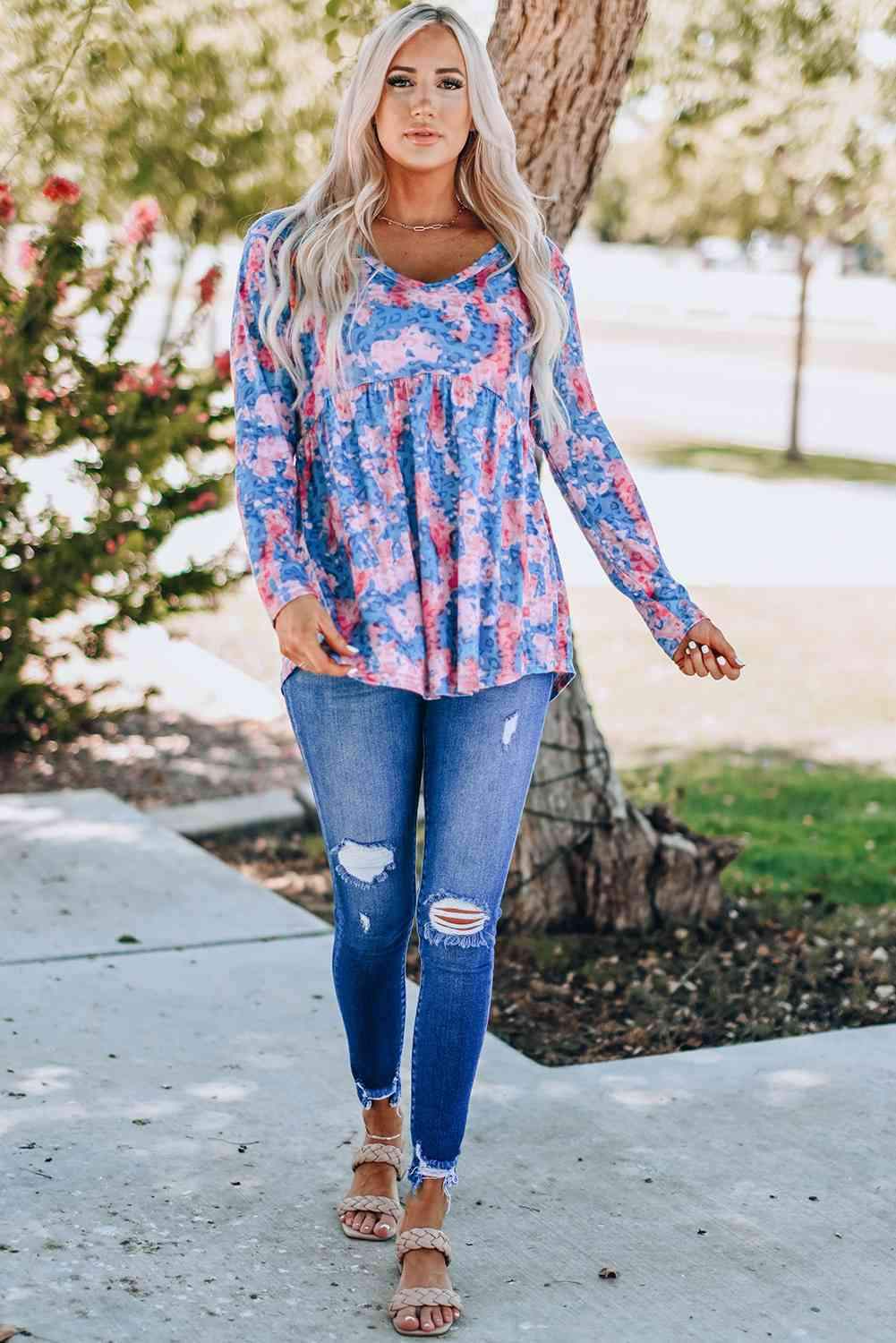 Leopard and Tie-Dye Print Ruffle Hem Top Blouses - Tophatter Daily Deals