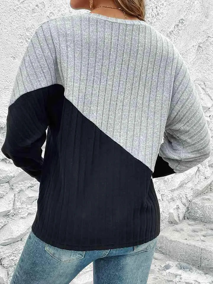 Contrast Buttoned V-Neck Blouse Blouses - Tophatter Daily Deals