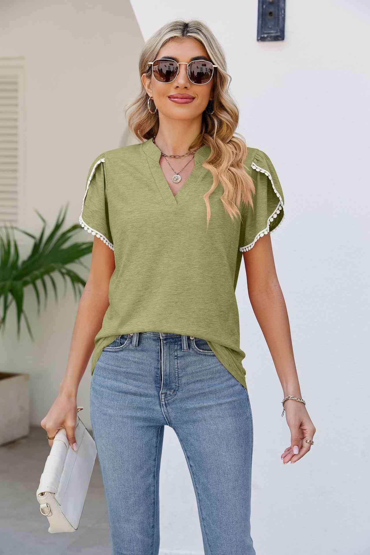 Pom-Pom Trim Petal Sleeve Notched Neck Top Blouses - Tophatter Daily Deals