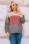 Leopard Color Block V-Neck Top Red Gray Blouses - Tophatter Daily Deals