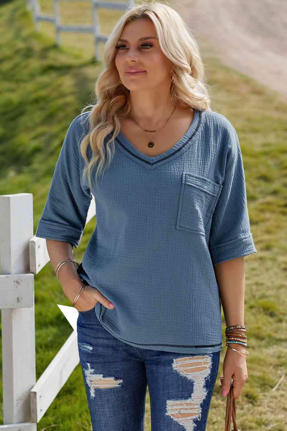 Textured V-Neck Half Sleeve Blouse Blouses - Tophatter Daily Deals