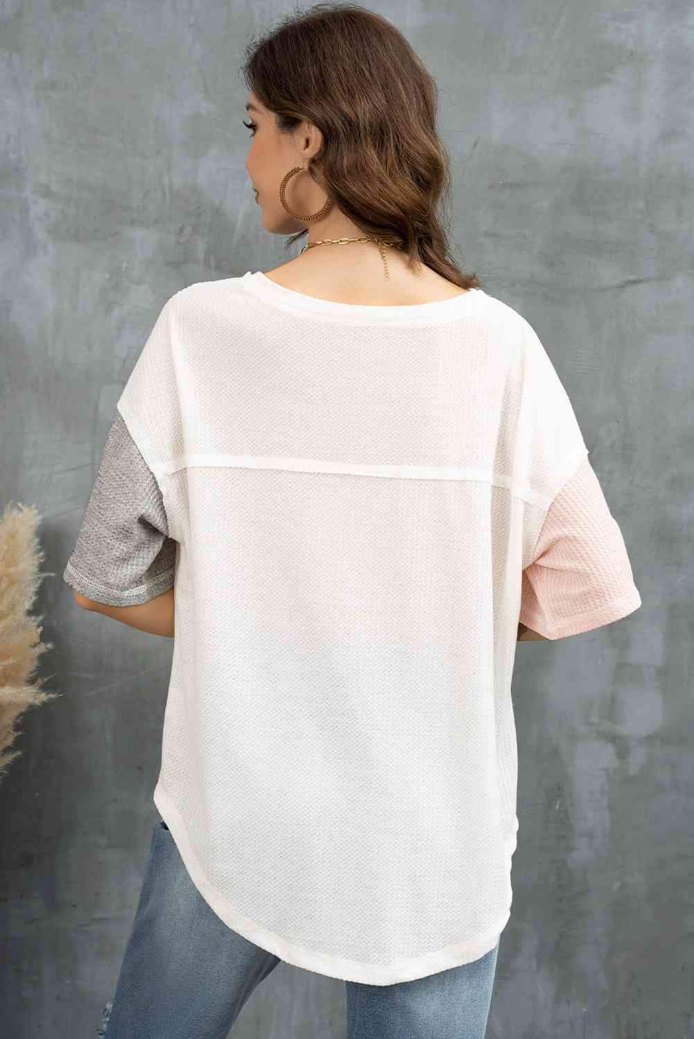 Color Block V-Neck Waffle-Knit Blouse Blouses - Tophatter Daily Deals