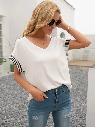 Striped V-Neck Short Sleeve T-Shirt Women's T-Shirts - Tophatter Daily Deals