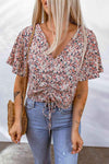 Floral Flutter Sleeve Drawstring Cropped Blouse Multicolor Blouses - Tophatter Daily Deals