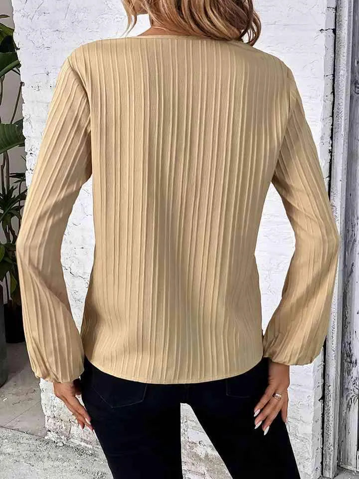 Contrast V-Neck Long Sleeve Blouse Blouses - Tophatter Daily Deals