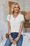 Decorative Button Eyelet V-Neck Short Sleeve T-Shirt Women's T-Shirts - Tophatter Daily Deals