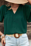 Buttoned Flutter Sleeve V-Neck Blouse Blouses - Tophatter Daily Deals