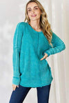 Zenana Oversized Washed Waffle Long Sleeve Top Light Teal Blouses - Tophatter Daily Deals