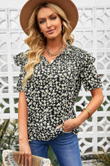 Floral Smocked Ruffle Shoulder Tie Neck Top Floral Blouses - Tophatter Daily Deals