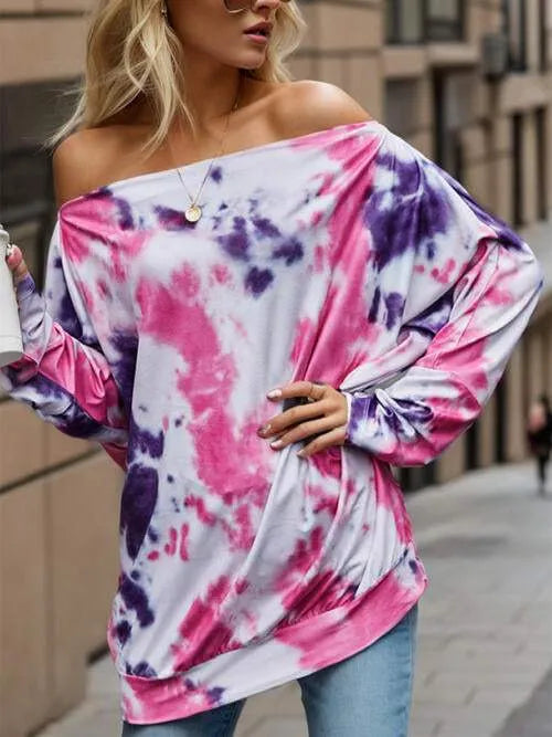 Tie-Dye Off-Shoulder Long Sleeve Blouse Blouses - Tophatter Daily Deals