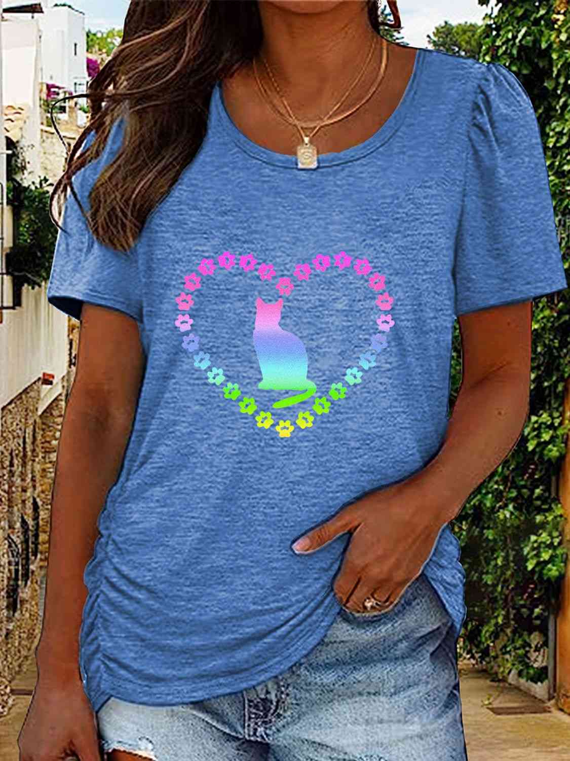 Full Size Cat Heart Graphic Short Sleeve T-Shirt Women's T-Shirts - Tophatter Daily Deals