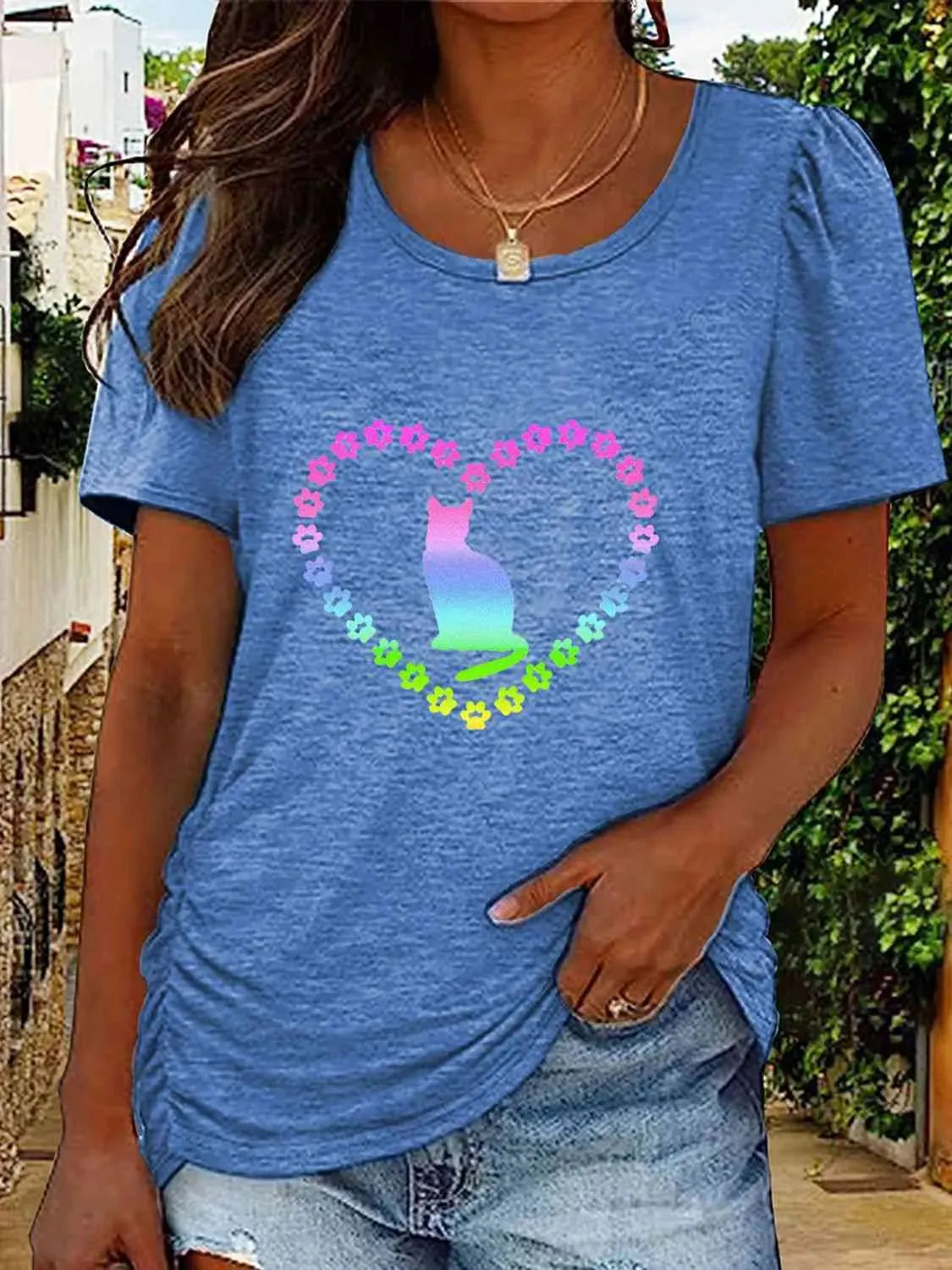 Full Size Cat Heart Graphic Short Sleeve T-Shirt Women's T-Shirts - Tophatter Daily Deals