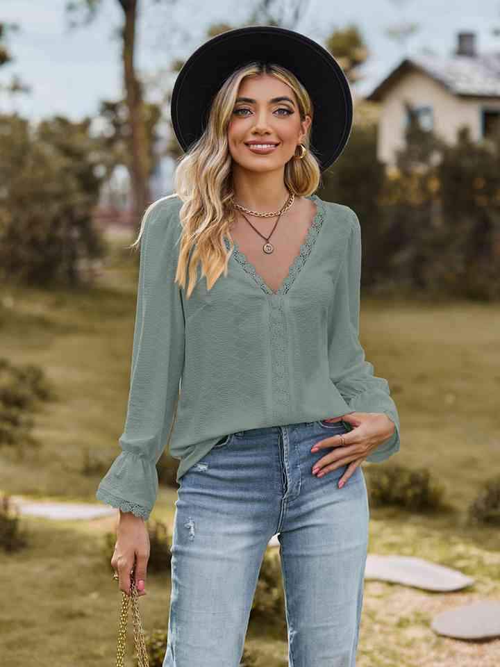 V-Neck Flounce Sleeve Blouse Sage Blouses - Tophatter Daily Deals