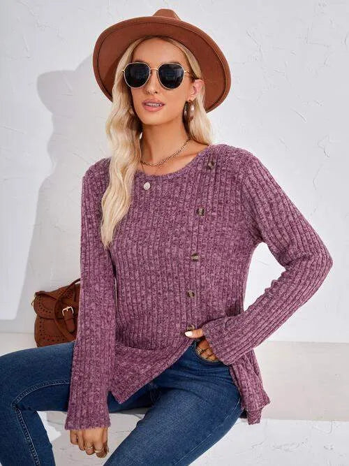 Ribbed Buttoned Round Neck Slit T-Shirt Women's T-Shirts - Tophatter Daily Deals