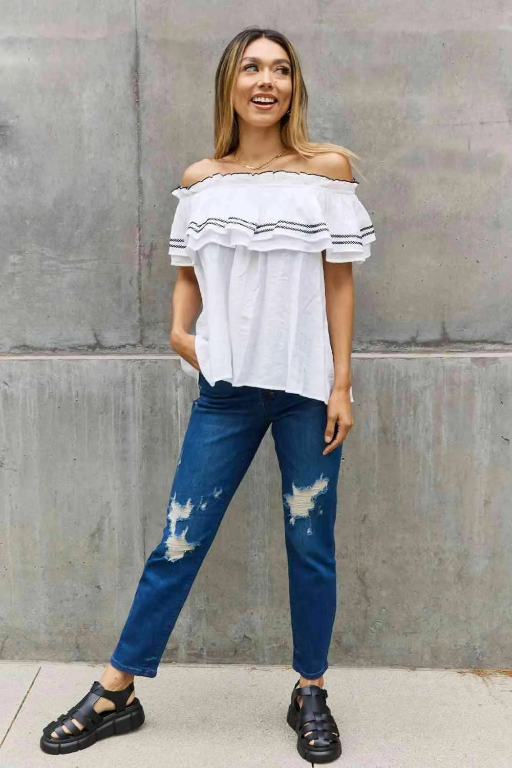 ODDI Full Size Off The Shoulder Ruffle Blouse Blouses - Tophatter Daily Deals