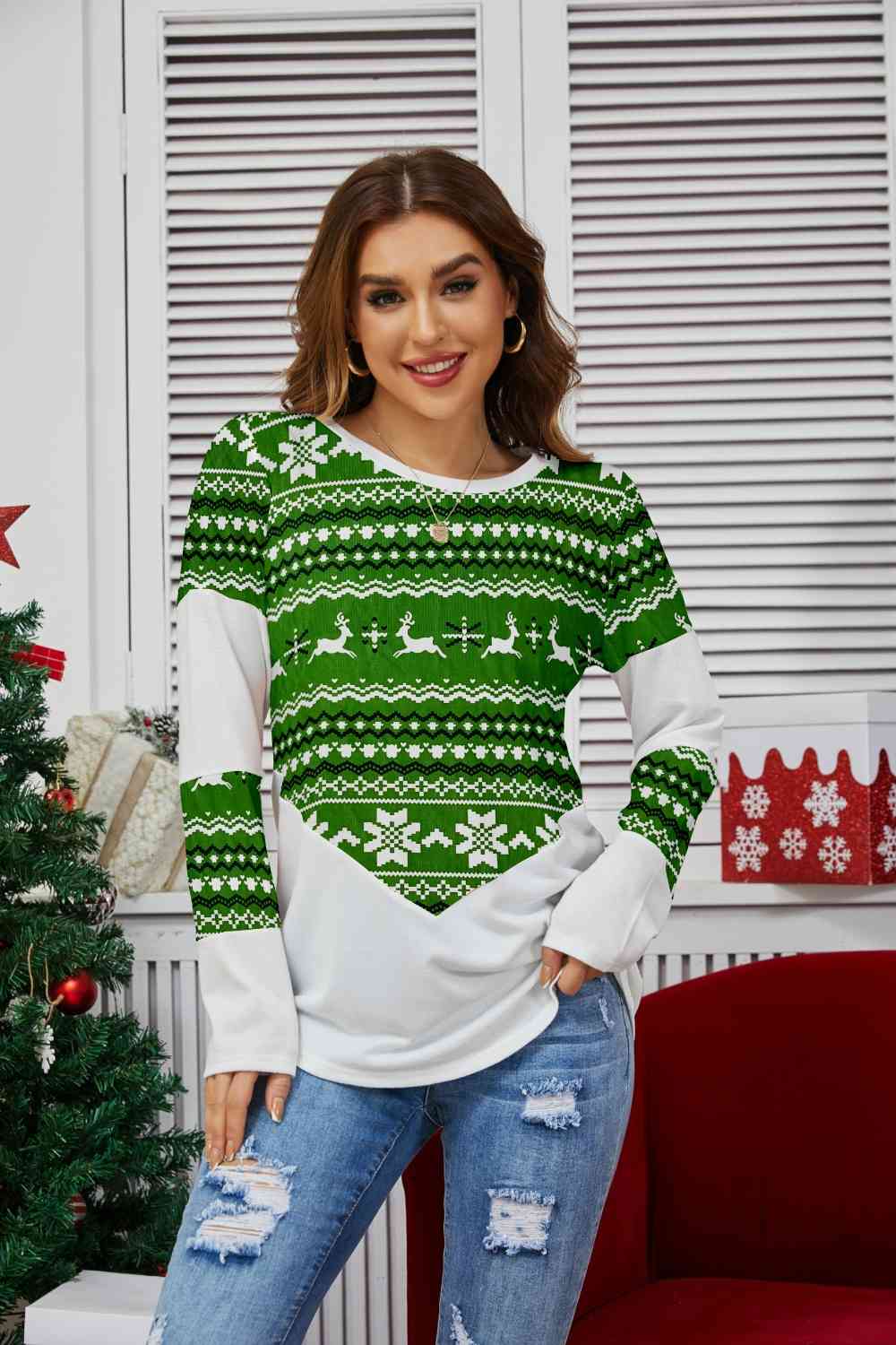 Geometric Round Neck Long Sleeve T-Shirt Mid Green Women's T-Shirts - Tophatter Daily Deals