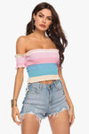 Striped Off-Shoulder Frill Hem Knit Top Carnation Pink Blouses - Tophatter Daily Deals