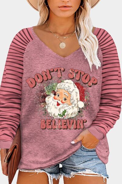 Plus Size DON'T STOP BELIEVIN Striped Long Sleeve T-Shirt Dusty Pink Women's T-Shirts - Tophatter Daily Deals