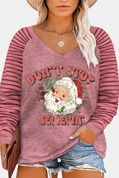 Plus Size DON'T STOP BELIEVIN Striped Long Sleeve T-Shirt Dusty Pink Women's T-Shirts - Tophatter Daily Deals