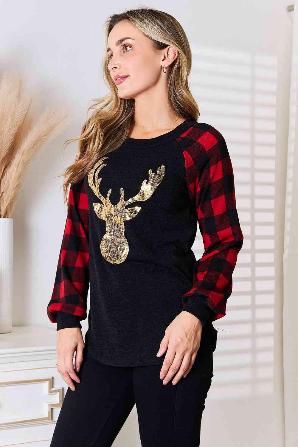 Heimish Full Size Sequin Reindeer Graphic Plaid Top Women's T-Shirts - Tophatter Daily Deals