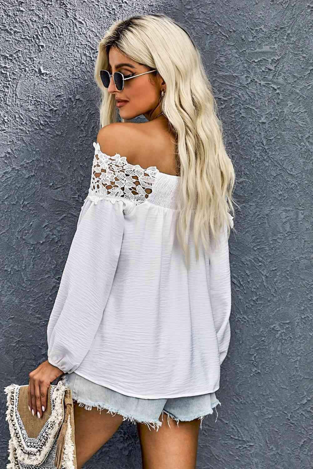 Lace Trim Textured Off-Shoulder Blouse Blouses - Tophatter Daily Deals