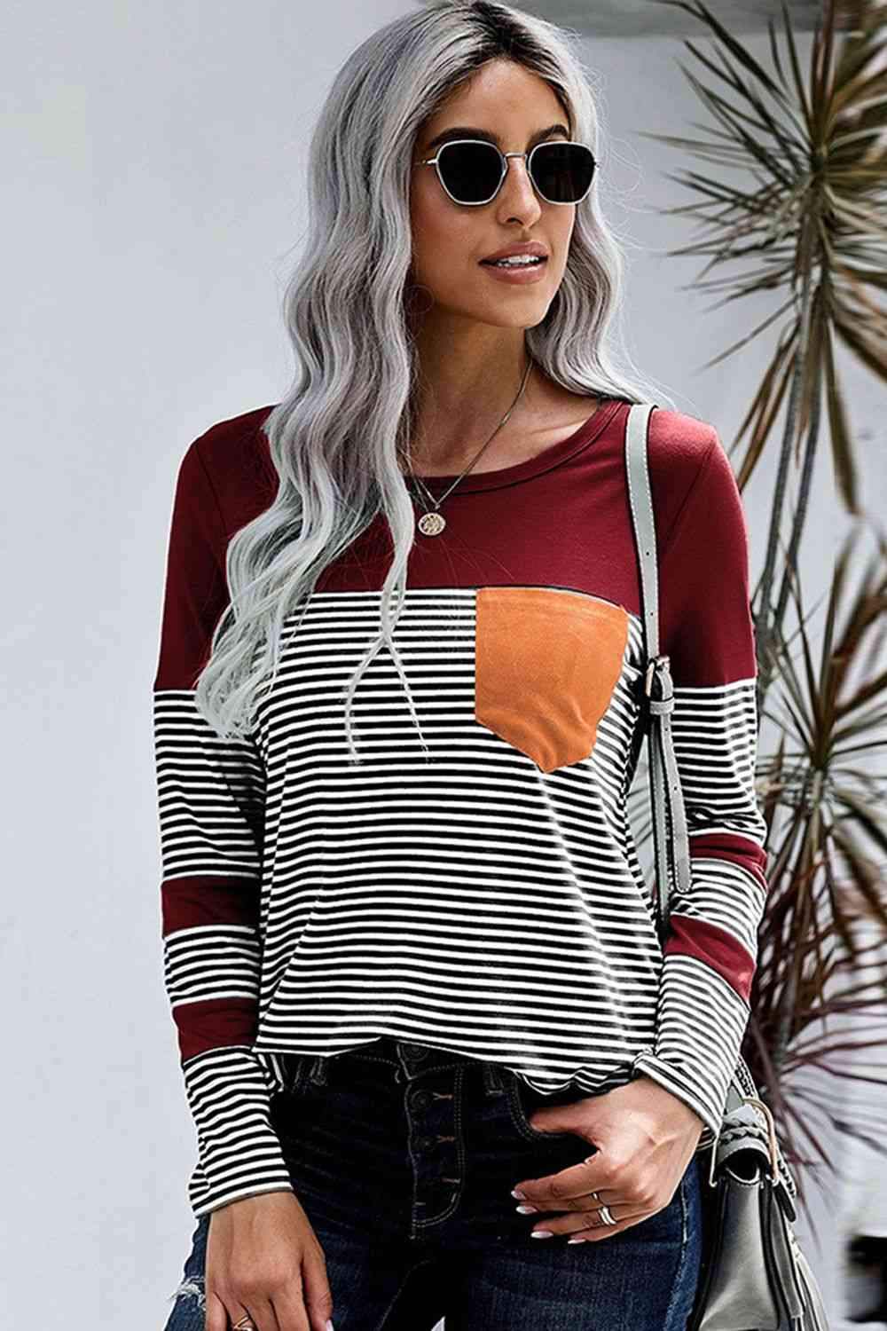 Striped Round Neck Long Sleeve T-Shirt Women's T-Shirts - Tophatter Daily Deals