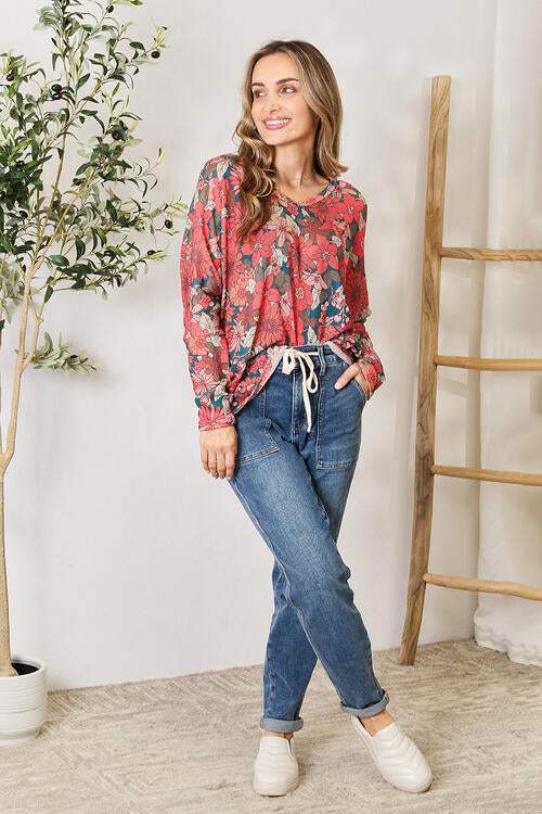 Hopely Full Size Floral Print V-Neck Long Sleeve Blouse Blouses - Tophatter Daily Deals