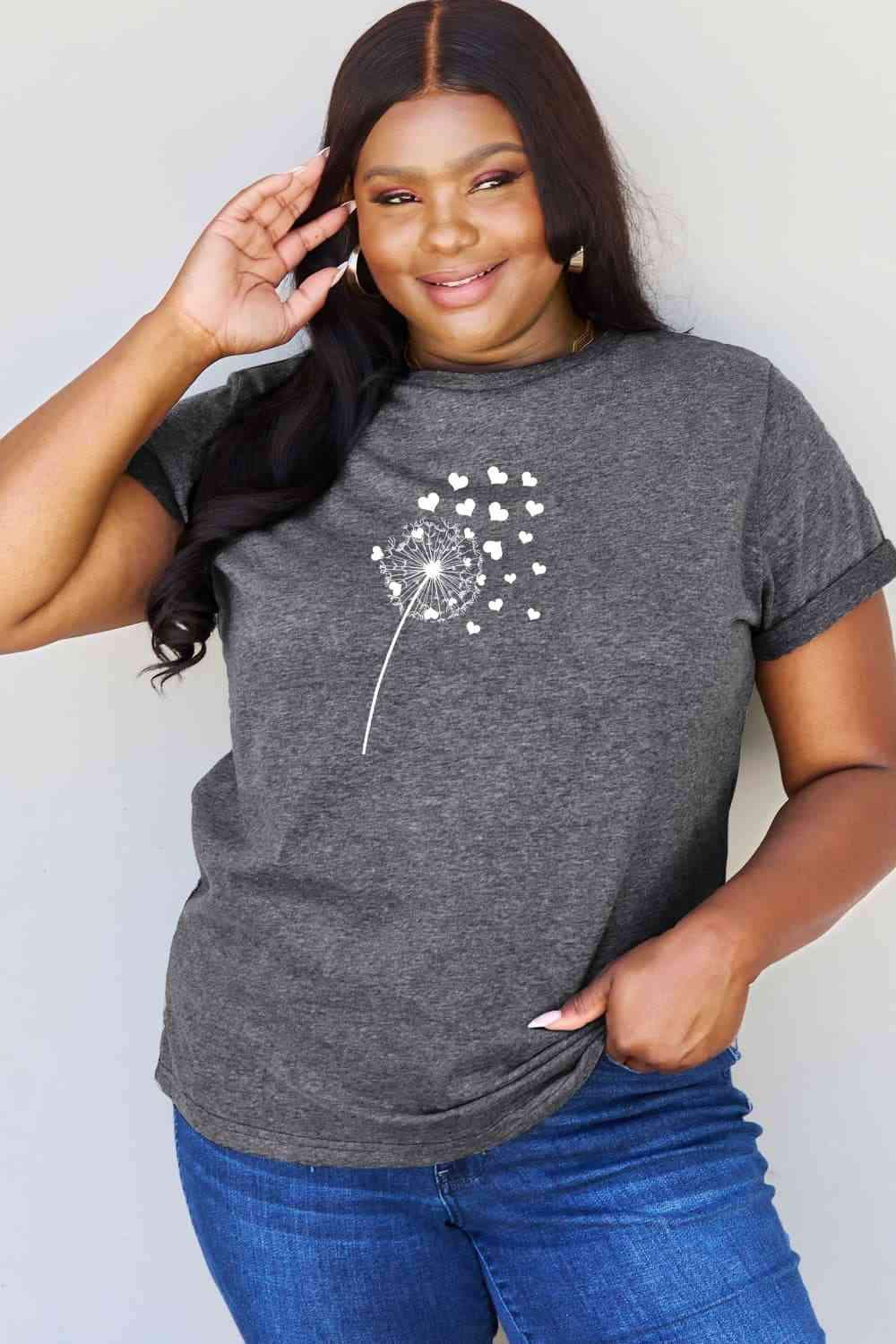 Simply Love Full Size Dandelion Heart Graphic Cotton T-Shirt Charcoal Women's T-Shirts - Tophatter Daily Deals