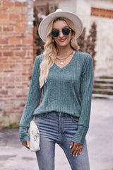 Double Take V-Neck Long Sleeve Ribbed Top Misty Blue Blouses - Tophatter Daily Deals