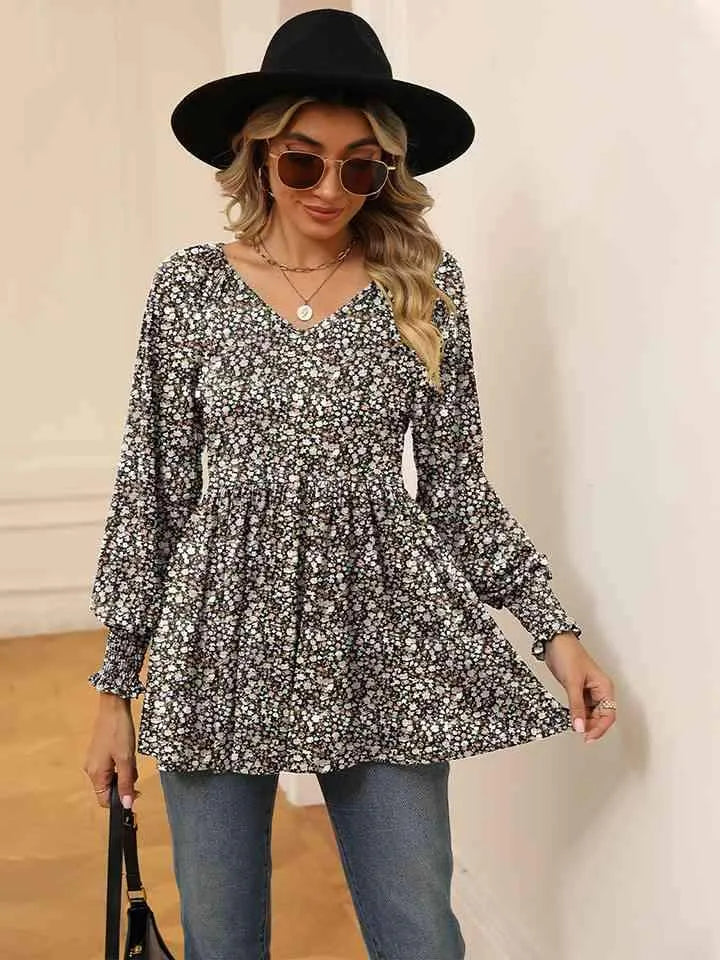 Printed V-Neck Lantern Sleeve Blouse Blouses - Tophatter Daily Deals