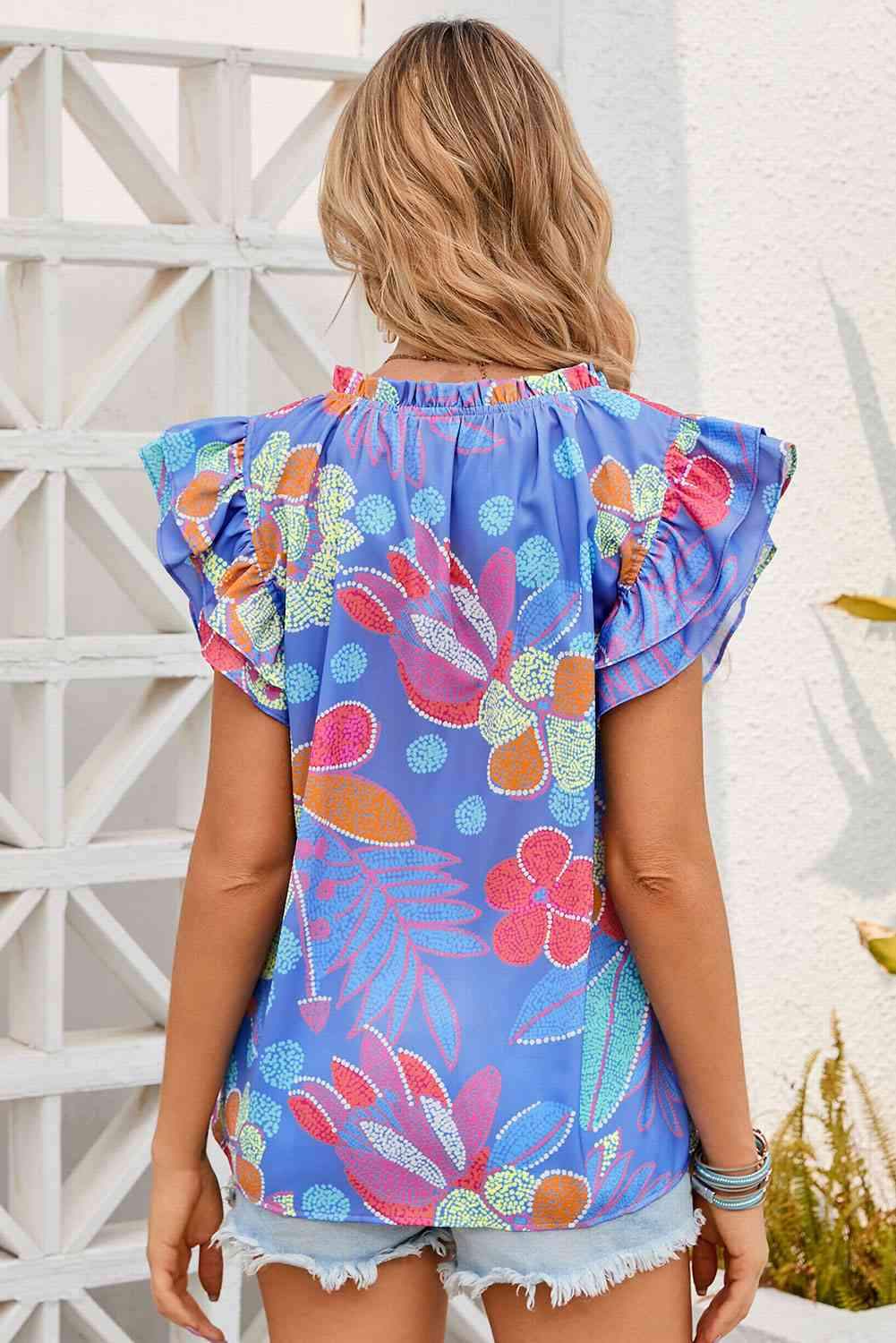 Floral Notched Neck Flutter Sleeve Blouse Blouses - Tophatter Daily Deals